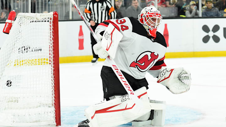 Apr 15, 2025; Boston, Massachusetts, USA; Boston Bruins center Morgan Geekie (39) (not pictured) scores a goal past New Jersey Devils goaltender Jake Allen (34) during the first period at TD Garden. Mandatory Credit: Bob DeChiara-Imagn Images