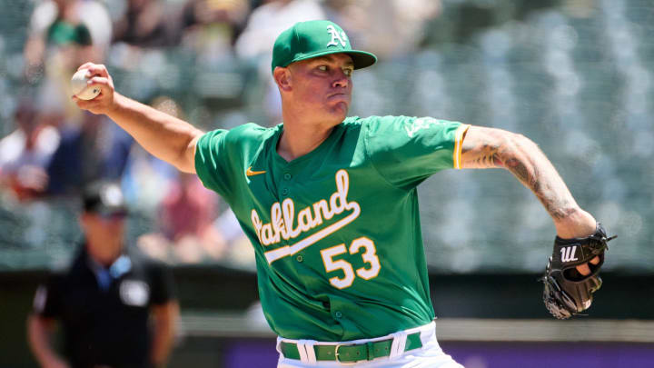 May 26, 2024; Oakland, California, USA; Oakland Athletics starting pitcher Aaron Brooks (53) throws a pitch against the Houston Astros during the first inning at Oakland-Alameda County Coliseum.