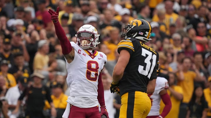Iowa State wide receiver Xavier Hutchinson celebrates a first down against Iowa during the Cy-Hawk Series football game on Saturday, Sept. 10, 2022, at Kinnick Stadium in Iowa City. The Houston Texans made Hutchinson a sixth-round pick in 2023.