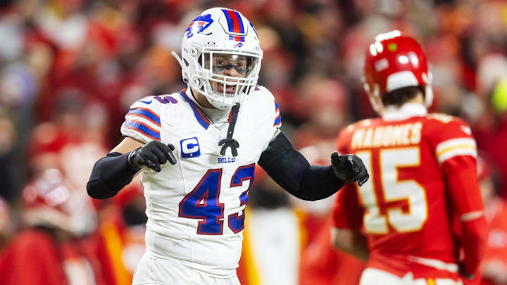 Jan 26, 2025; Kansas City, MO, USA; Buffalo Bills linebacker Terrel Bernard (43) against the Kansas City Chiefs during the AFC Championship Game
