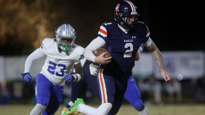 Nashville Christian's Jared Curtis (2) runs the ball during their game against Jackson Christian at Nashville Christian School Friday, Nov. 14, 2021.