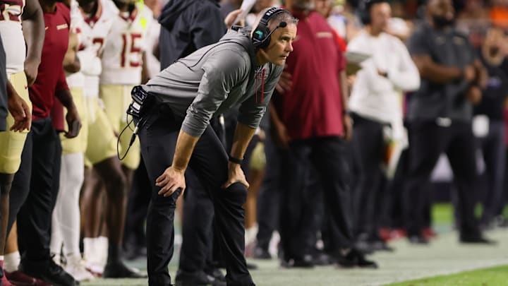 Oct 26, 2024; Miami Gardens, Florida, USA; Florida State Seminoles head coach Mike Norvell watches from the sideline against the Miami Hurricanes during the second quarter at Hard Rock Stadium. Mandatory Credit: Sam Navarro-Imagn Images