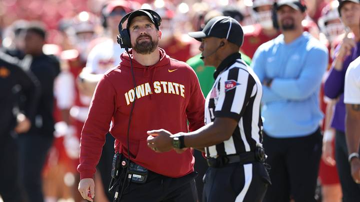 Oct 3, 2026; Ames, Iowa, USA;  Iowa State Cyclones head coach Jimmy Rogers watches his team play the West Virginia Mountaineers during the second half at Jack Trice Stadium.  Mandatory Credit: Reese Strickland-Imagn Images