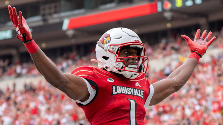 Louisville Cardinals wide receiver Ja'Corey Brooks (1) celebrates his touchdown during their game against the Austin Peay Governors on Saturday, Aug. 31, 2024 at L&N Federal Credit Union Stadium in Louisville, Ky.