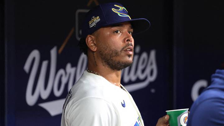 Oct 26, 2026; St. Petersburg, Florida, USA;  Tampa Bay Rays pitcher Freddy Peralta (51) looks on from the dugout after a pitching change against the Milwaukee Brewers during the fifth inning in game three of the 2026 World Series at Tropicana Field.  Mandatory Credit: Kim Klement Neitzel-Imagn Images