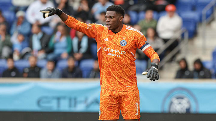 Oct 2, 2022; Harrison, New Jersey, USA; New York City FC goalkeeper Sean Johnson (1) talks to