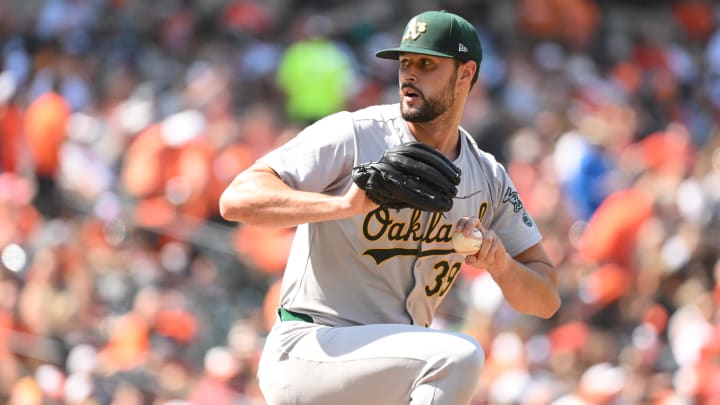 Apr 28, 2024; Baltimore, Maryland, USA;  Oakland Athletics relief pitcher Kyle Muller (39) delivers a pitch during the sixth inning against the Baltimore Orioles at Oriole Park at Camden Yards. Mandatory Credit: James A. Pittman-USA TODAY Sports