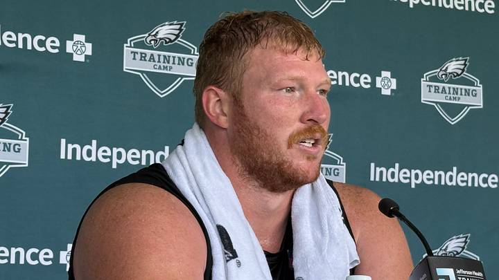 Eagles center Cam Jurgens meets with reporters on Aug. 17, 2026. Eagles center Cam Jurgens meets with reporters on Aug. 17, 2026.