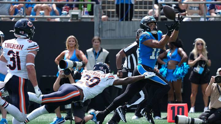 Carolina's Jalen Coker catches a TD pass against cornerback Tyrique Stevenson Sunday against Tyrique Stevenson. Carolina's Jalen Coker catches a TD pass against cornerback Tyrique Stevenson Sunday against Tyrique Stevenson.