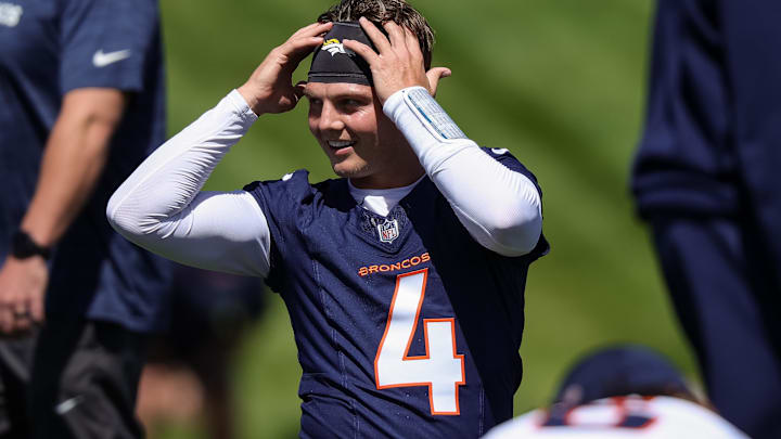 Denver Broncos quarterback Zach Wilson (4) during organized team activities at Centura Health Training Center last May.