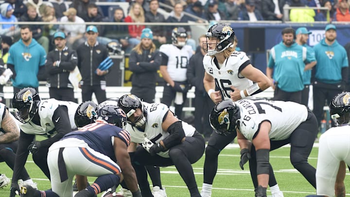 Oct 13, 2024; London, United Kingdom; Jacksonville Jaguars quarterback Trevor Lawrence (16) calls out the play during the first half of an NFL International Series game against the Chicago Bears at Tottenham Hotspur Stadium. 