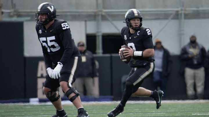 Vanderbilt quarterback Diego Pavia (2) looks for a receiver during the second quarter at FirstBank Stadium in Nashville, Tenn., Saturday, Nov. 30, 2024.