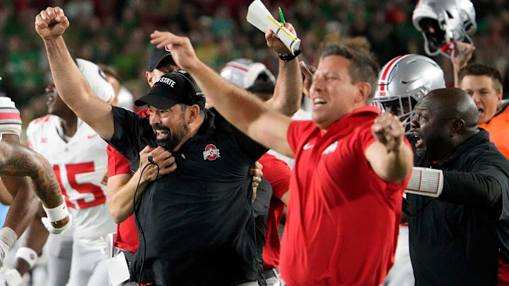 Sep 23, 2023; South Bend, Indiana, USA; Ohio State Buckeyes head coach Ryan Day celebrates Chip