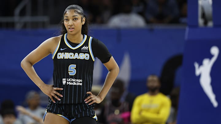 Aug 25, 2024; Chicago, Illinois, USA; Chicago Sky forward Angel Reese (5) looks on during the first half of a basketball game against the Las Vegas Aces at Wintrust Arena. 