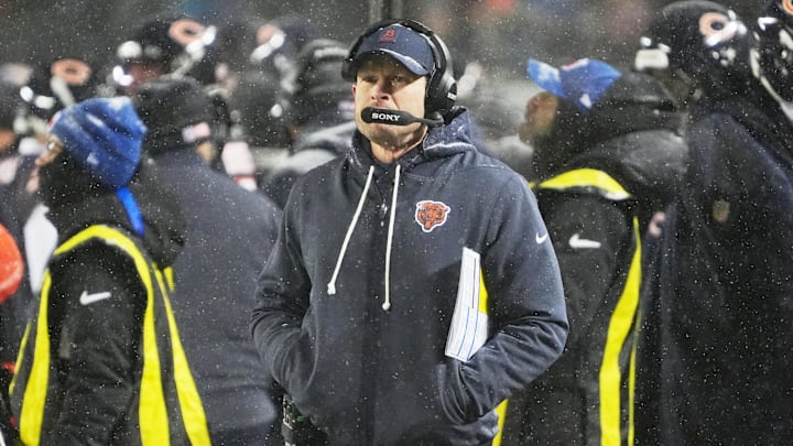 Jan 18, 2026; Chicago, IL, USA; Chicago Bears head coach Ben Johnson watches game play against the Los Angeles Rams during the second quarter of an NFC Divisional Round game at Soldier Field. Mandatory Credit: David Banks-Imagn Images