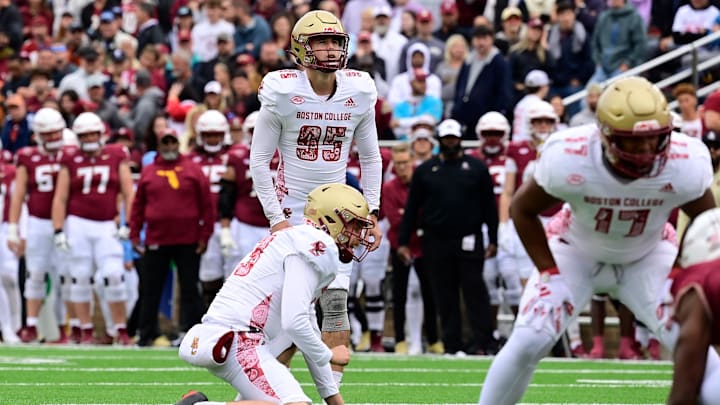 Sep 16, 2023; Chestnut Hill, Massachusetts, USA; Boston College Eagles place kicker Liam Connor (95) lines up a field goal attempt during the first half against the Florida State Seminoles at Alumni Stadium. Mandatory Credit: Eric Canha-Imagn Images Sep 16, 2023; Chestnut Hill, Massachusetts, USA; Boston College Eagles place kicker Liam Connor (95) lines up a field goal attempt during the first half against the Florida State Seminoles at Alumni Stadium. Mandatory Credit: Eric Canha-Imagn Images
