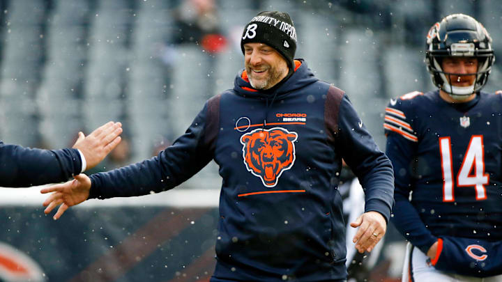 Matt Nagy and the Bears on the sidelines during the team's 2021 victory over the New York Giants.