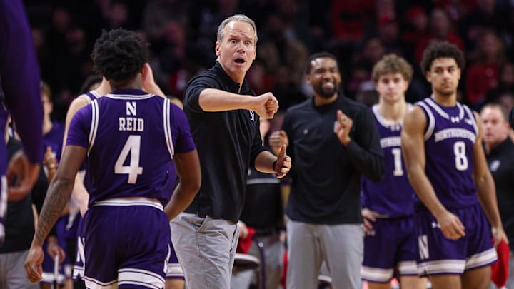Jan 11, 2026; Piscataway, New Jersey, USA; Northwestern Wildcats head coach Chris Collins reacts after a call during the second half against the Rutgers Scarlet Knights at Jersey Mike's Arena. Mandatory Credit: Vincent Carchietta-Imagn Images