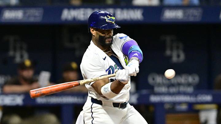 Aug 28, 2026; St. Petersburg, Florida, USA;  Tampa Bay Rays designated hitter Yandy Diaz (2) swings at a pitch during the eighth inning against San Diego Padres at Tropicana Field.  Mandatory Credit: Pablo Robles-Imagn Images
