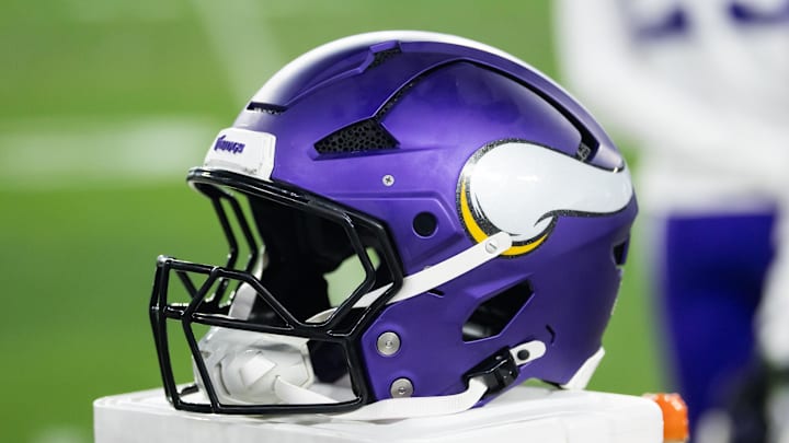 Jan 13, 2025; Glendale, AZ, USA; Detailed view of a Minnesota Vikings helmet during an NFC wild card game at State Farm Stadium. Jan 13, 2025; Glendale, AZ, USA; Detailed view of a Minnesota Vikings helmet during an NFC wild card game at State Farm Stadium.