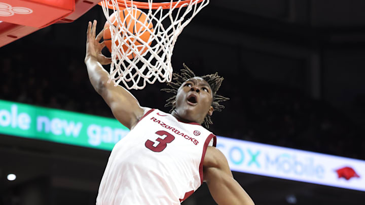 Nov 25, 2024; Fayetteville, Arkansas, USA; Arkansas Razorbacks forward Adou Thiero (3) misses on a dunk in the second half against the Maryland Eastern Shore Hawks at Bud Walton Arena. Arkansas won 109-35. Mandatory Credit: Nelson Chenault-Imagn Images