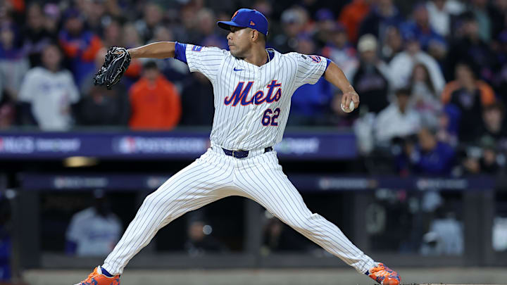 Oct 17, 2024; New York City, New York, USA; New York Mets pitcher Jose Quintana (62) throws a pitch against the Los Angeles Dodgers in the first inning during game four of the NLCS for the 2024 MLB playoffs at Citi Field. Oct 17, 2024; New York City, New York, USA; New York Mets pitcher Jose Quintana (62) throws a pitch against the Los Angeles Dodgers in the first inning during game four of the NLCS for the 2024 MLB playoffs at Citi Field.