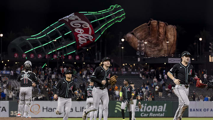 Sep 3, 2024; San Francisco, California, USA; Arizona Diamondbacks players celebrate their team’s 8-7 win over the San Francisco Giants at Oracle Park. Mandatory Credit: John Hefti-Imagn Images Sep 3, 2024; San Francisco, California, USA; Arizona Diamondbacks players celebrate their team’s 8-7 win over the San Francisco Giants at Oracle Park. Mandatory Credit: John Hefti-Imagn Images