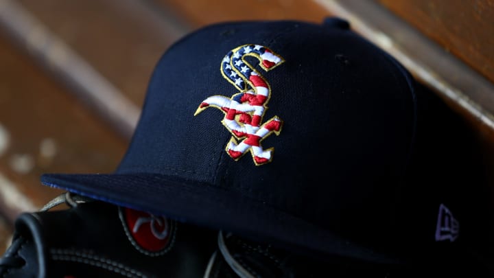 Jul 3, 2018; Cincinnati, OH, USA; A view of the American flag in the Sox logo on an official White Sox New Era on field hat during the game of the Chicago White Sox against the Cincinnati Reds at Great American Ball Park. Mandatory Credit: Aaron Doster-USA TODAY Sports