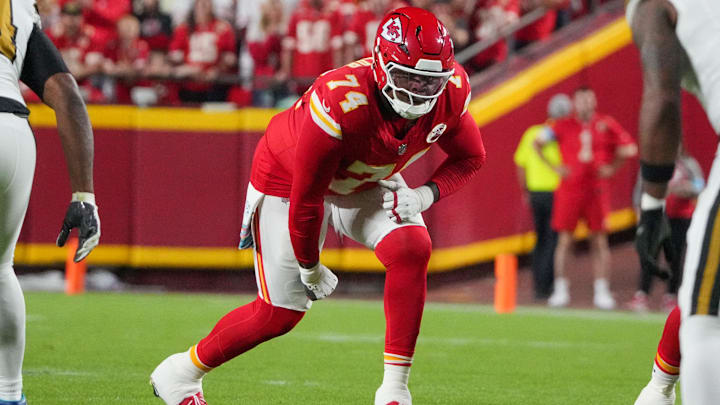 Oct 7, 2024; Kansas City, Missouri, USA; Kansas City Chiefs offensive tackle Jawaan Taylor (74) lines up against the New Orleans Saints during the game at GEHA Field at Arrowhead Stadium. Mandatory Credit: Denny Medley-Imagn Images
