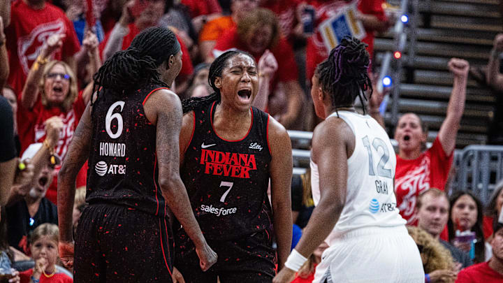 Sep 28, 2025; Indianapolis, Indiana, USA; Indiana Fever forward Aliyah Boston (7) celebrates a made basket in the second half during game four against the Las Vegas Aces of the second round for the 2025 WNBA Playoffs at Gainbridge Fieldhouse. Mandatory Credit: Trevor Ruszkowski-Imagn Images