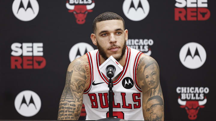Chicago Bulls guard Lonzo Ball (2) speaks to the press during Media Day.