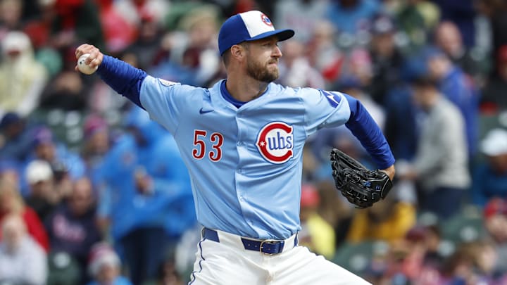 Apr 25, 2025; Chicago, Illinois, USA;  Chicago Cubs starting pitcher Colin Rea (53) delivers a pitch against the Philadelphia Phillies during the first inning at Wrigley Field. 