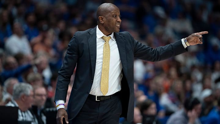 Missouri head coach Dennis Gates works the sideline against Florida during the first half of their quarterfinal game of the SEC Men's Basketball Tournament at Bridgestone Arena in Nashville, Tenn., Friday, March 14, 2025.