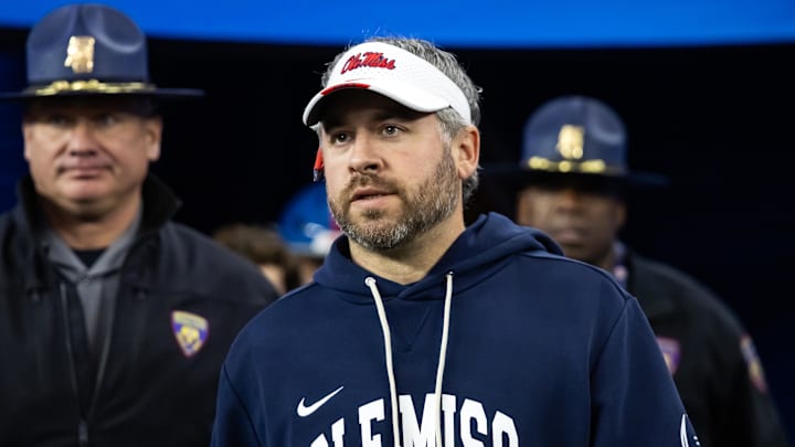 Jan 8, 2026; Glendale, AZ, USA; Mississippi Rebels head coach Pete Golding against the Miami Hurricanes during the 2026 Fiesta Bowl and semifinal game of the College Football Playoff at State Farm Stadium. Mandatory Credit: Mark J. Rebilas-Imagn Images