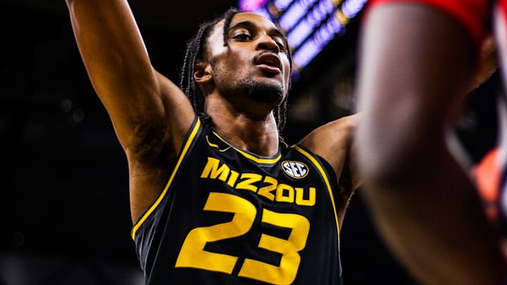 Missouri forward Aidan Shaw attempts to block a pass during a college basketball game against Ole Miss at Mizzou Arena on Mar. 2, 2024, in Columbia, Mo.
