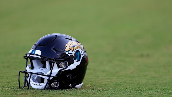 A Jacksonville Jaguars helmet lies on the turf Wednesday, July 26, 2023 at Miller Electric Center at