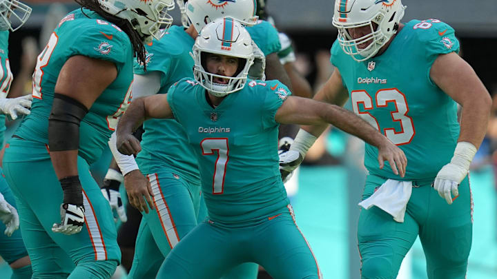 Miami Dolphins place kicker Jason Sanders (7) celebrates a go ahead field goal with seconds left in