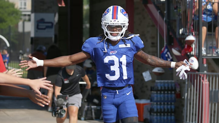 Bills rookie defensive back Maxwell Hairston high-fives fans as he runs onto the field during day five of Buffalo Bills training camp at St. John Fisher University Monday, July 28, 2025 in Pittsford, NY.