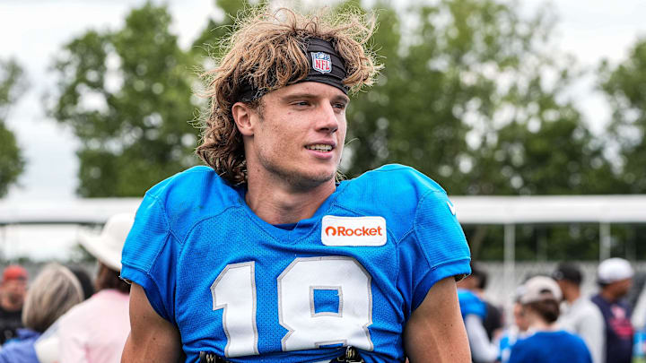 Detroit Lions wide receiver Isaac TeSlaa (18) walks off the field after practice at training camp at Meijer Performance Center in Allen Park on Thursday, August 21, 2025.