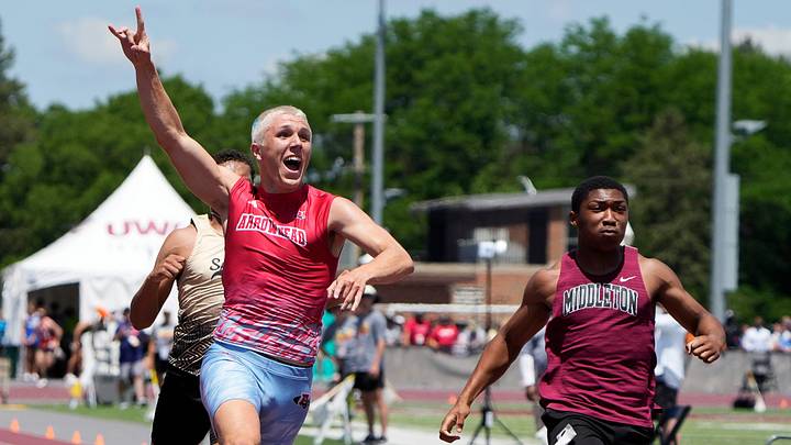 Arrowhead High School junior Trey Resch, left, celebrates his victory in the Division 1 boys 100m dash final during the WIAA State Track and Field meet in La Crosse, Wisconsin on Saturday, June 6, 2026. Arrowhead High School junior Trey Resch, left, celebrates his victory in the Division 1 boys 100m dash final during the WIAA State Track and Field meet in La Crosse, Wisconsin on Saturday, June 6, 2026.