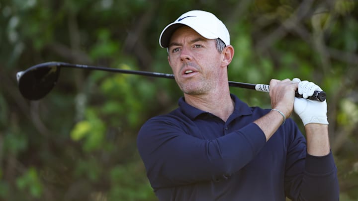 Rory McIlroy prepares to play a shot during the third round of the Truist Championship golf tournament.