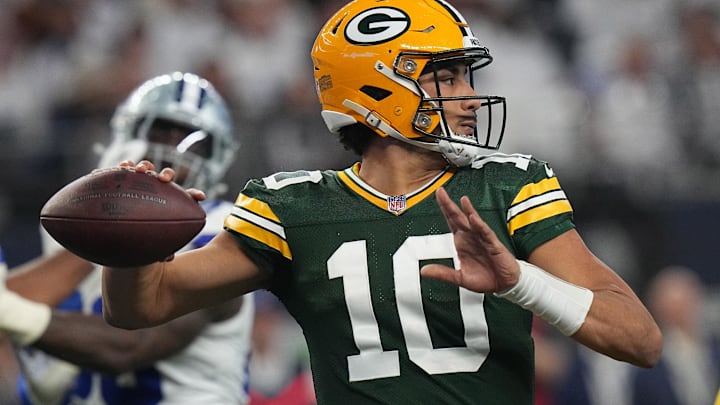 Jan 14, 2024; Arlington, Texas, USA; Green Bay Packers quarterback Jordan Love (10) throws a pass during the second quarter in a 2024 NFC wild card game at AT&T Stadium. Mandatory Credit: Mark Hoffman-Imagn Images