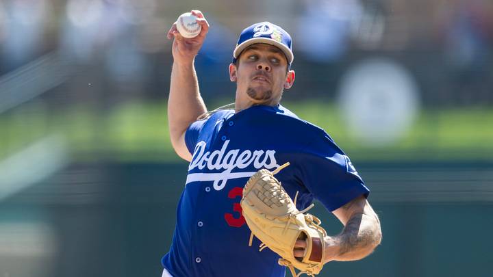Feb 24, 2026; Phoenix, Arizona, USA; Los Angeles Dodgers pitcher Gavin Stone against the Cleveland Guardians during a spring training game at Camelback Ranch-Glendale. Mandatory Credit: Mark J. Rebilas-Imagn Images