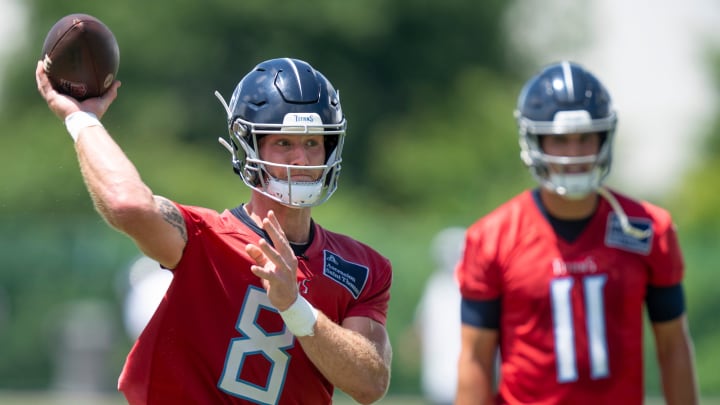 Quarterback Will Levis (8) throws during the Tennessee Titans mandatory mini-camp at Ascension Saint Thomas Sports Park in Nashville, Tenn., Thursday, June 6, 2024.