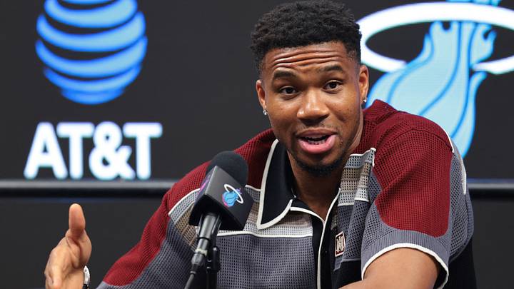 Miami Heat forward Giannis Antetokounmpo (7) speaks to reporters  (Mandatory Credit: Sam Navarro-Imagn Images)