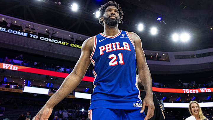 Jan 16, 2024; Philadelphia, Pennsylvania, USA; Philadelphia 76ers center Joel Embiid (21) walks off the court after a victory against the Denver Nuggets at Wells Fargo Center. Mandatory Credit: Bill Streicher-Imagn Images