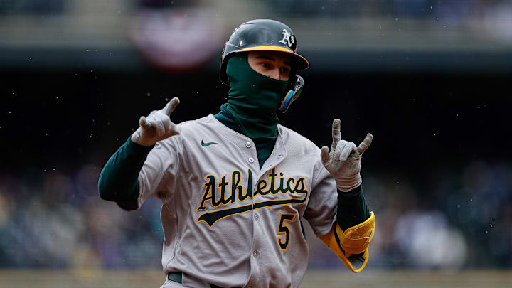 Apr 4, 2025; Denver, Colorado, USA; Athletics shortstop Jacob Wilson (5) rounds the bases on a solo home run in the fourth inning against the Colorado Rockies at Coors Field. Mandatory Credit: Isaiah J. Downing-Imagn Images