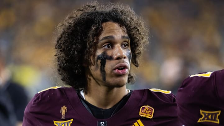 Nov 28, 2025; Tempe, Arizona, USA; Arizona State Sun Devils wide receiver Jordyn Tyson (0) against the Arizona Wildcats during the 99th Territorial Cup at Mountain America Stadium.  