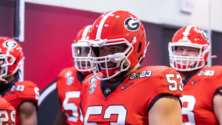 Georgia Bulldogs offensive lineman Dylan Fairchild (53) against the TCU Horned Frogs 