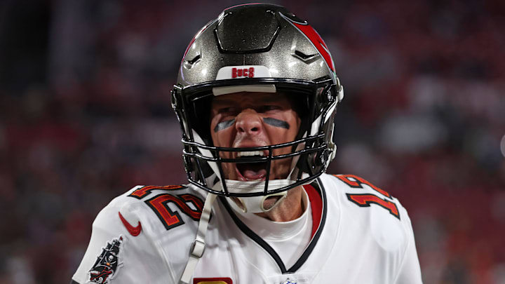 Jan 16, 2023; Tampa, Florida, USA; Tampa Bay Buccaneers quarterback Tom Brady (12) reacts before the wild card game against the Dallas Cowboys at Raymond James Stadium. Mandatory Credit: Kim Klement-Imagn Images